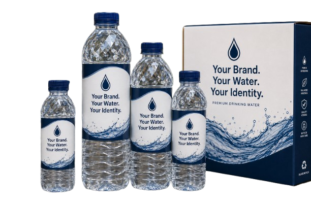 Illustrative mock-up of mineral water bottles and packaging carrying a placeholder 'Your Brand. Your Water. Your Identity.' label