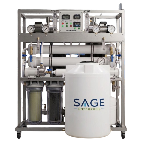 Sage semi-commercial RO system with pre-filters, RO membranes, and control panel